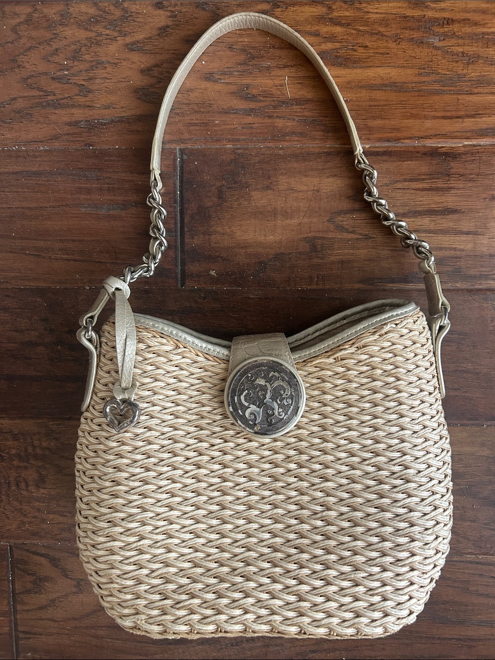 Brighton Natural Woven Straw Shoulder Bag with Silver Accents